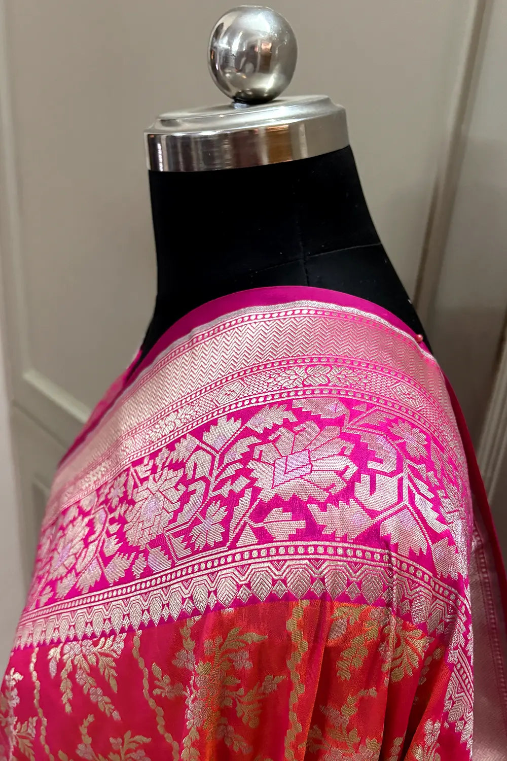 Peach and Pink Zari Katan Silk Banarasi Saree