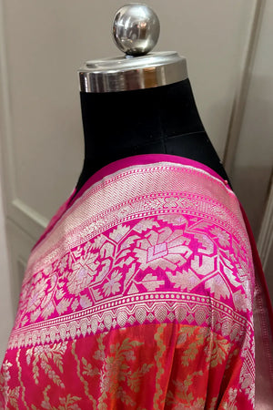 Peach and Pink Zari Katan Silk Banarasi Saree