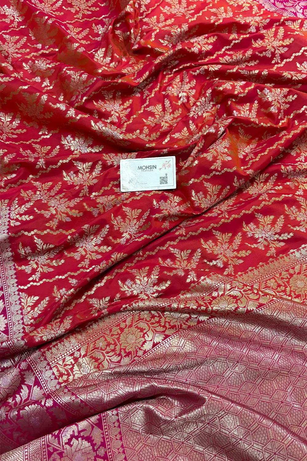 Peach and Pink Zari Katan Silk Banarasi Saree