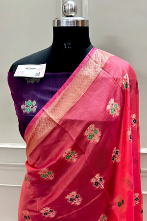 Peach and Purple Zari Resham Silk Banarasi Saree