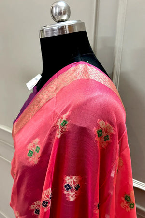 Peach and Purple Zari Resham Silk Banarasi Saree