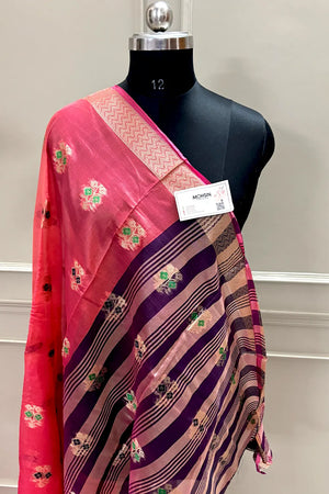 Peach and Purple Zari Resham Silk Banarasi Saree
