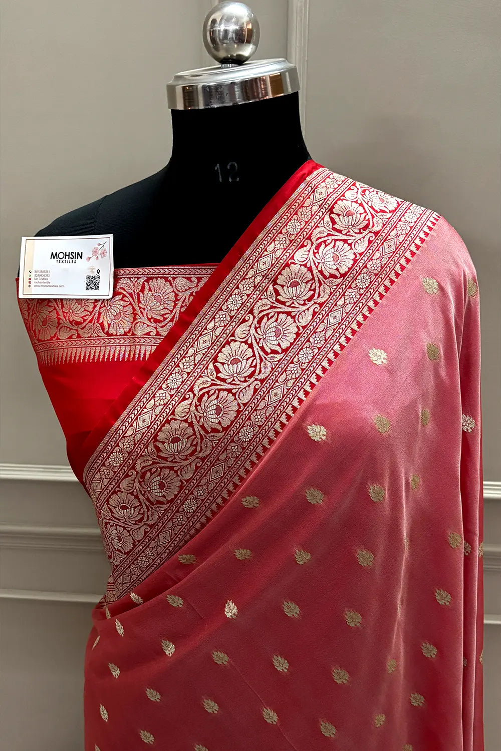 Peach and Red Rudraksha Buti Katan Silk Banarasi Saree