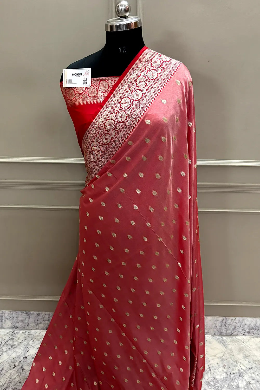 Peach and Red Rudraksha Buti Katan Silk Banarasi Saree