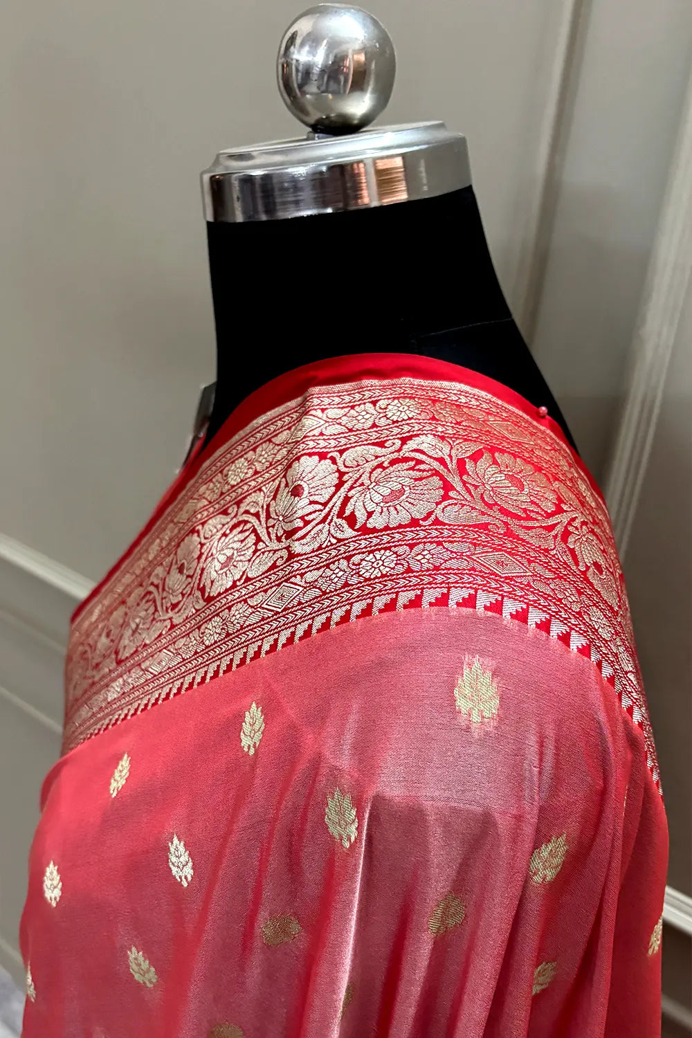 Peach and Red Rudraksha Buti Katan Silk Banarasi Saree