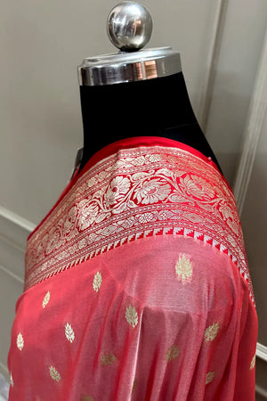 Peach and Red Rudraksha Buti Katan Silk Banarasi Saree