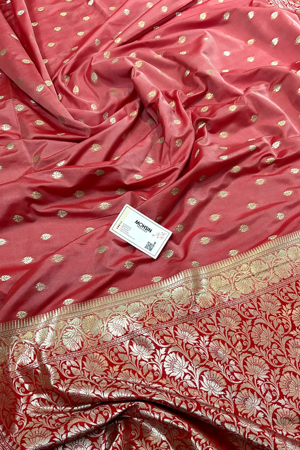 Peach and Red Rudraksha Buti Katan Silk Banarasi Saree