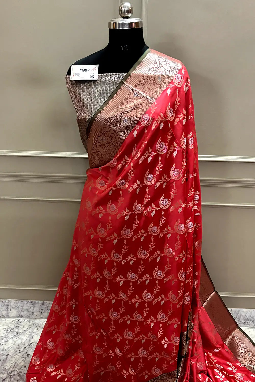 Peach and Teal Zari Banarasi Silk Saree