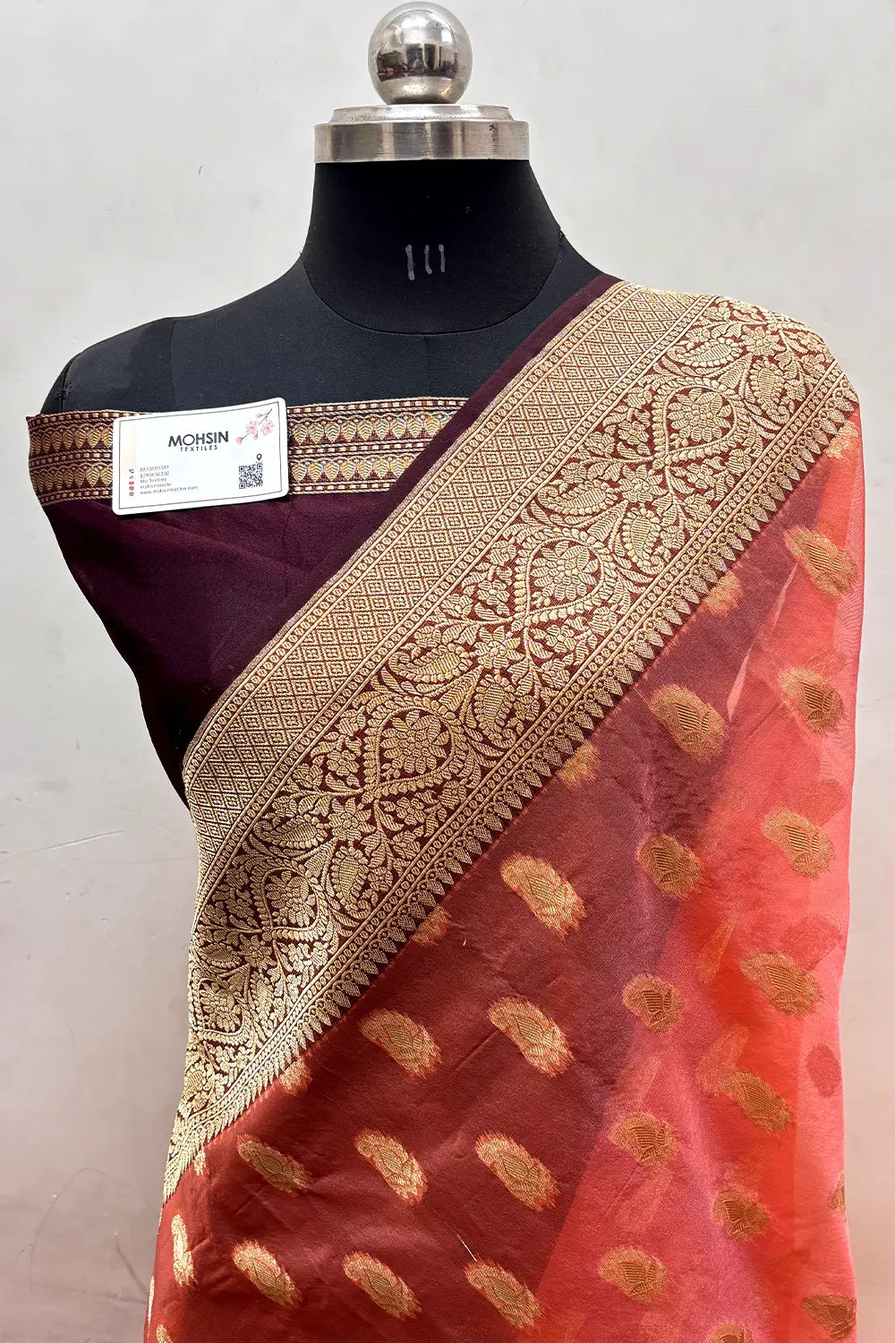Peach and Wine Organza Silk Banarasi Saree
