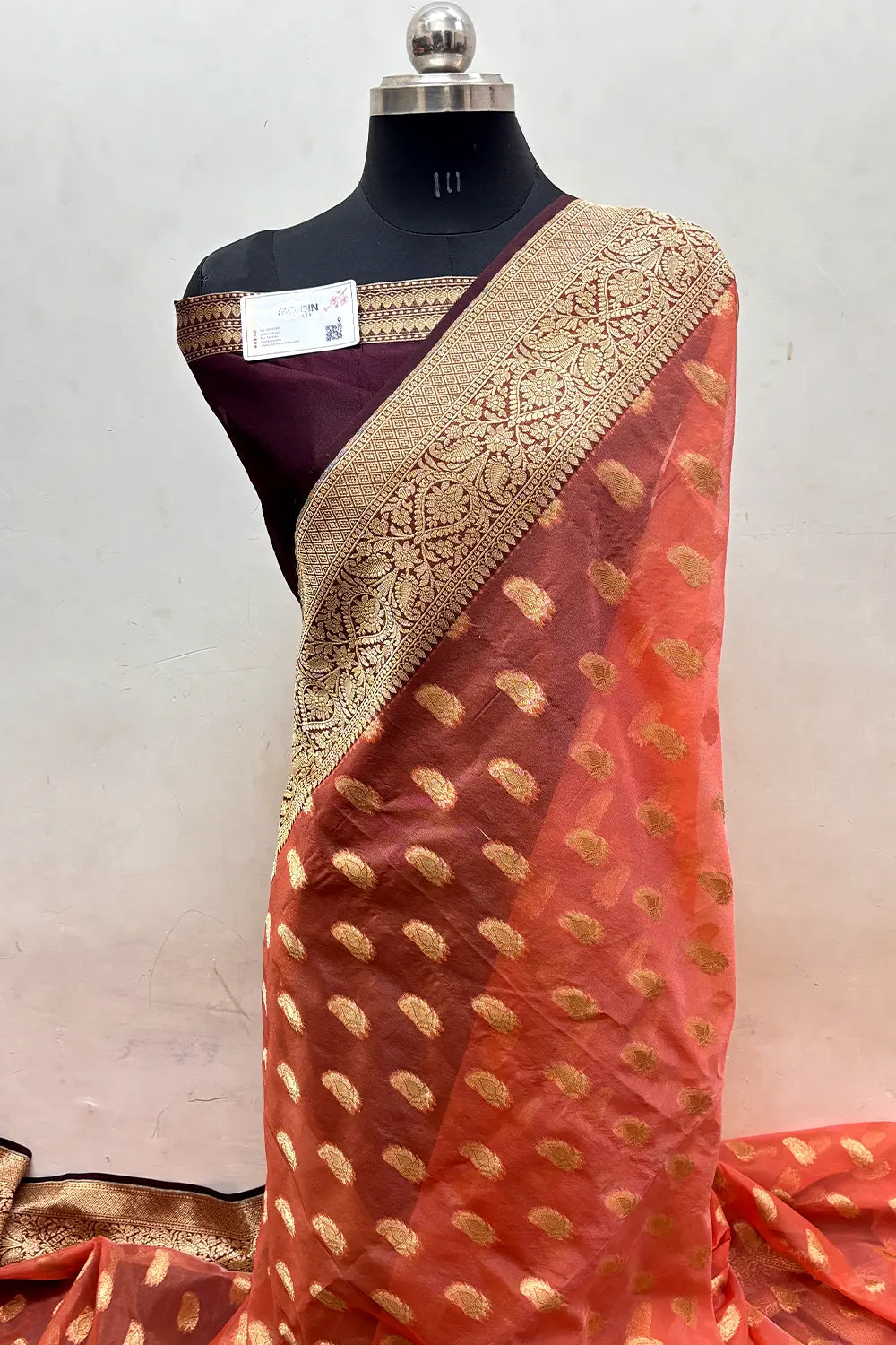 Peach and Wine Organza Silk Banarasi Saree