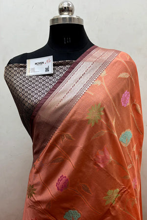 Peach and Wine Zari Katan Silk Banarasi Saree