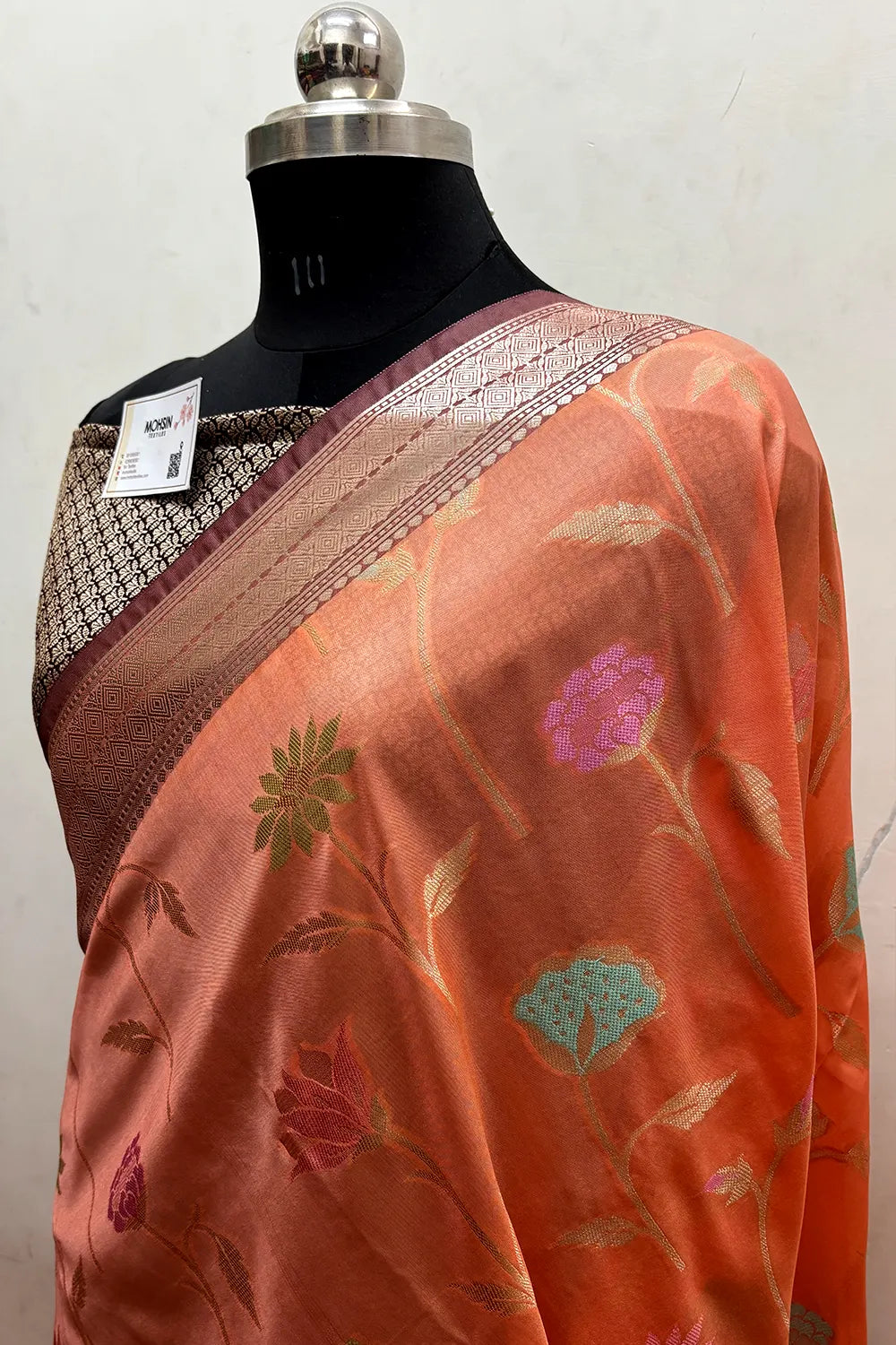 Peach and Wine Zari Katan Silk Banarasi Saree