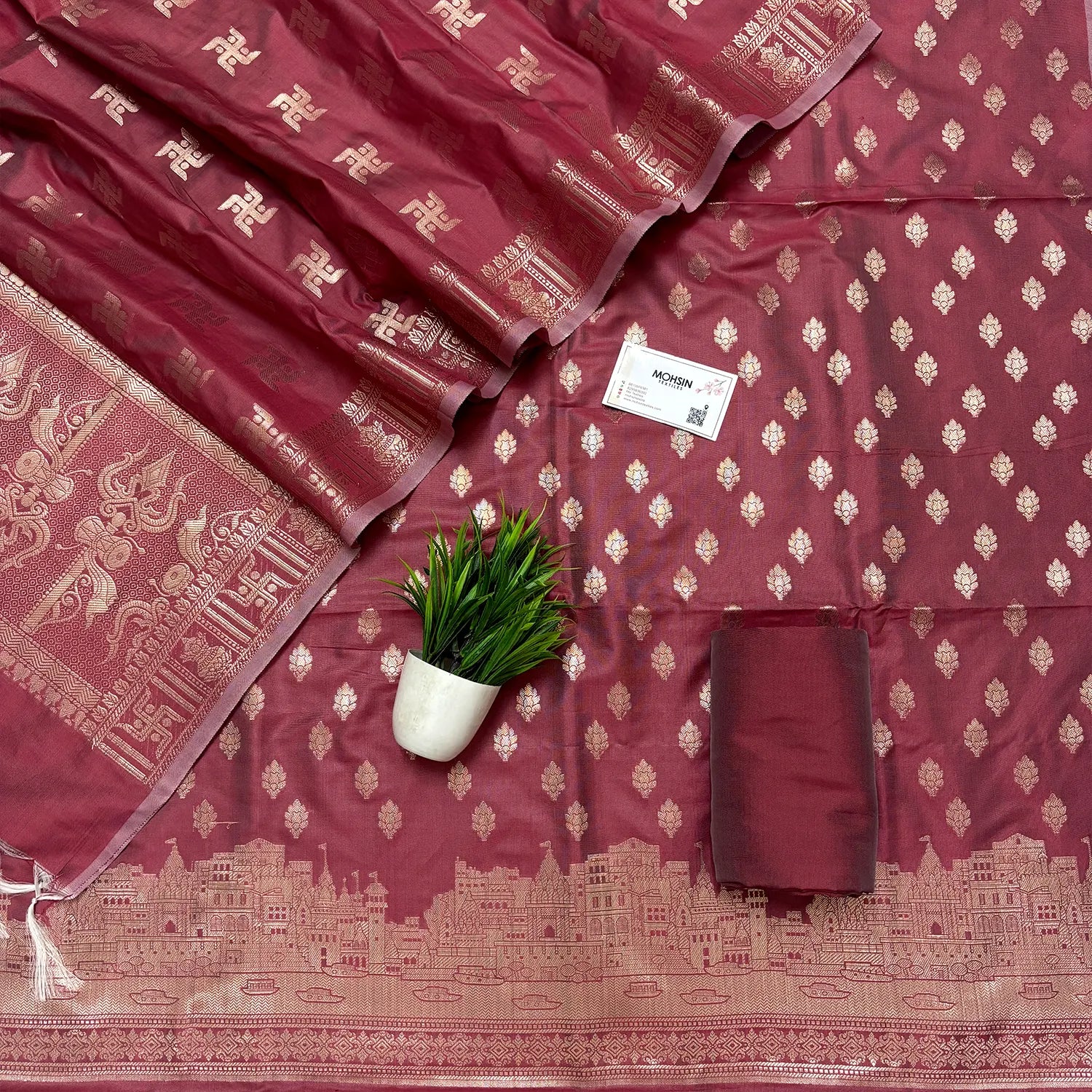Peach Assi Ghat Mandir Semi Katan Silk Banarasi Suit