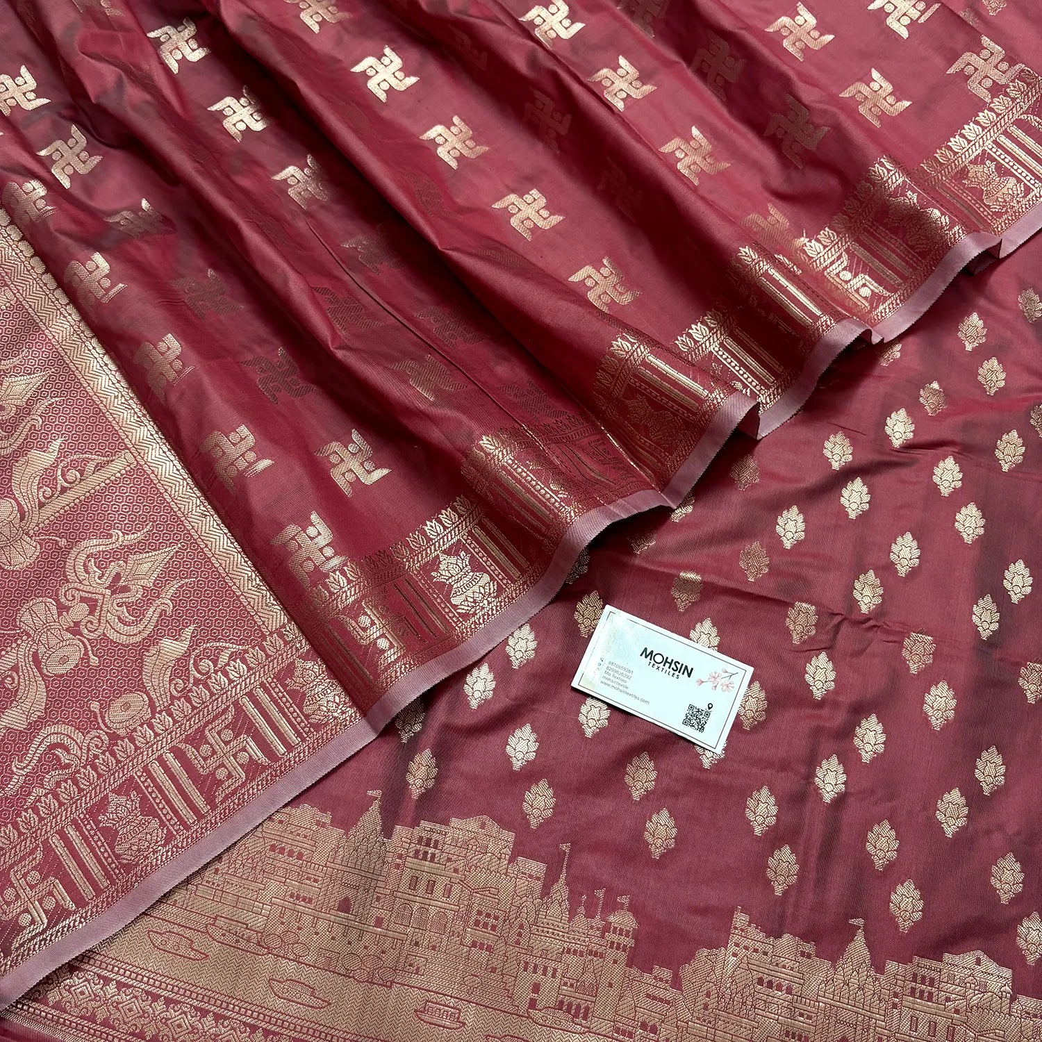 Peach Assi Ghat Mandir Semi Katan Silk Banarasi Suit