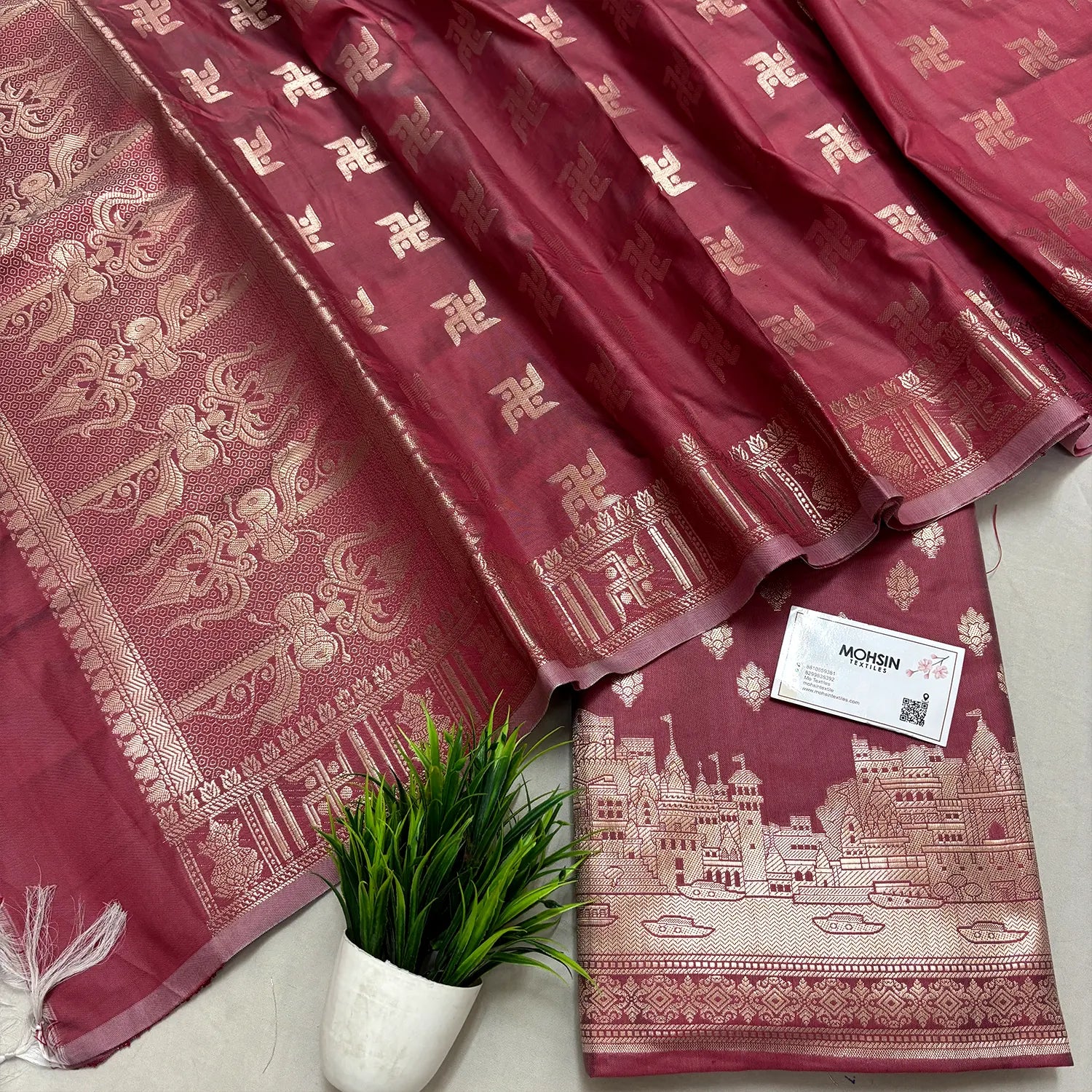 Peach Assi Ghat Mandir Semi Katan Silk Banarasi Suit