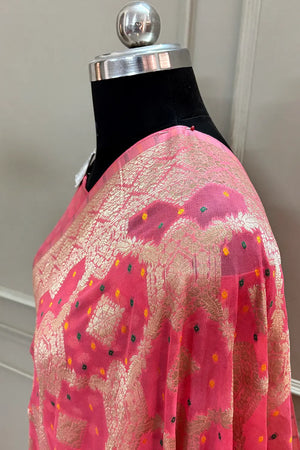 Peach Bandhej Georgette Silk Banarasi Saree