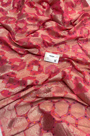 Peach Bandhej Georgette Silk Banarasi Saree