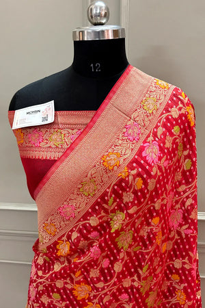 Peach Bandhej Meena Georgette Silk Banarasi Saree