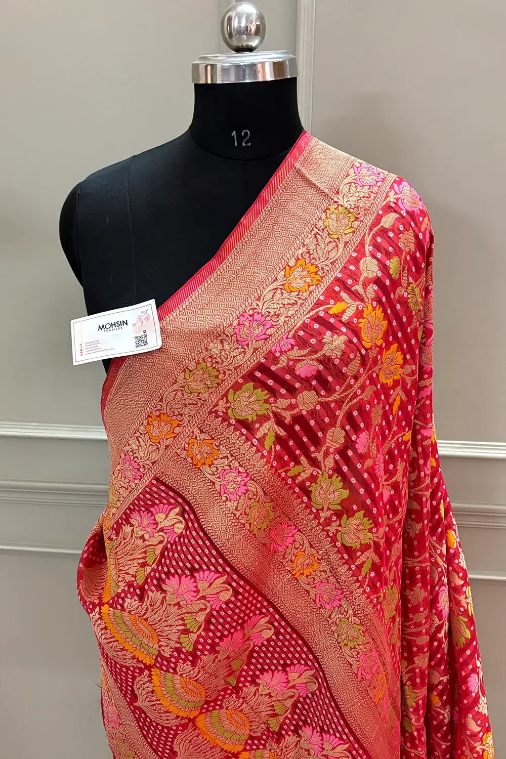 Peach Bandhej Meena Georgette Silk Banarasi Saree