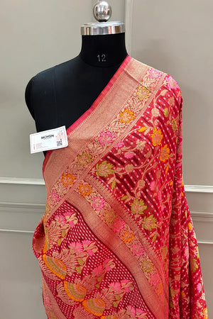 Peach Bandhej Meena Georgette Silk Banarasi Saree