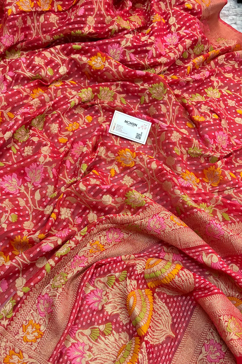 Peach Bandhej Meena Georgette Silk Banarasi Saree
