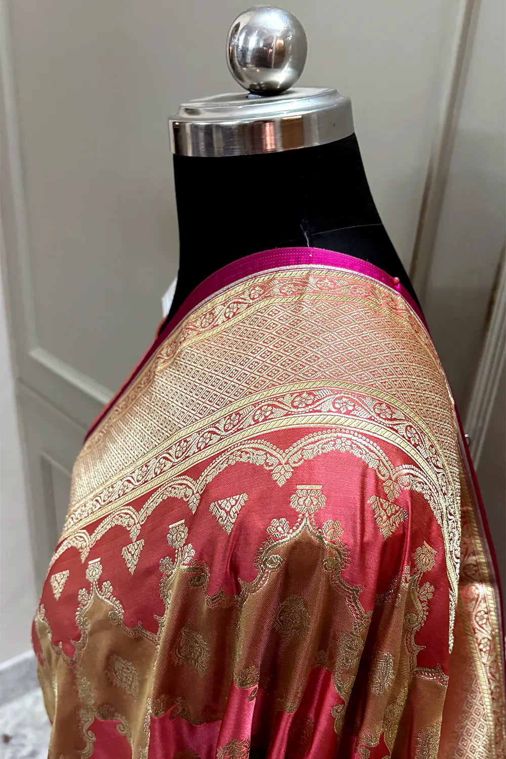 Peach Beige Rangkaat Zari Katan Mashru Silk Banarasi Saree