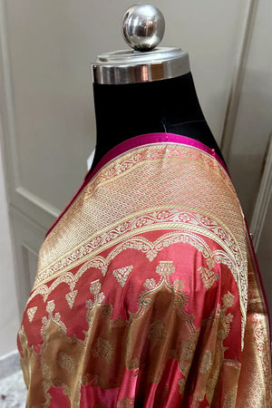 Peach Beige Rangkaat Zari Katan Mashru Silk Banarasi Saree