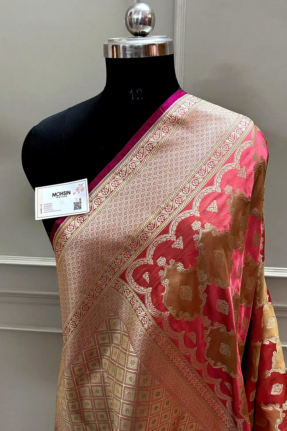 Peach Beige Rangkaat Zari Katan Mashru Silk Banarasi Saree