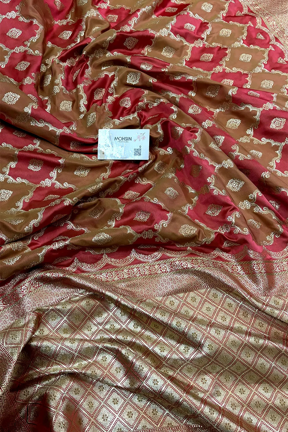 Peach Beige Rangkaat Zari Katan Mashru Silk Banarasi Saree