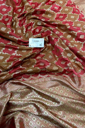 Peach Beige Rangkaat Zari Katan Mashru Silk Banarasi Saree