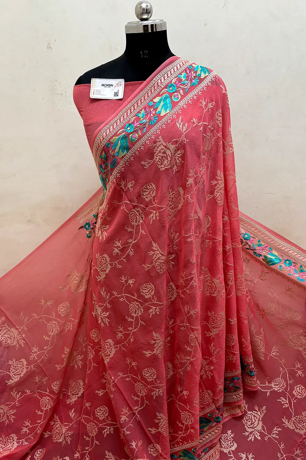 Peach Embroidery Georgette Silk Banarasi Saree