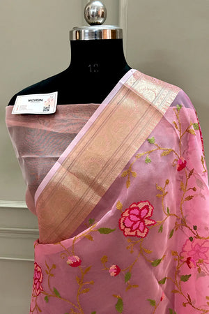 Peach Embroidery Net Banarasi Saree