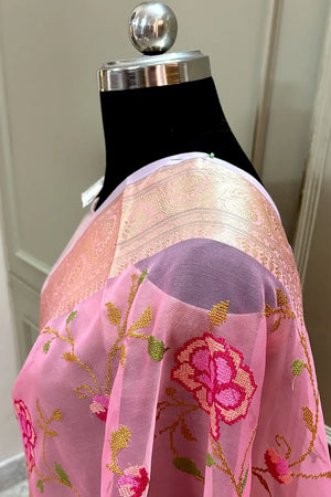 Peach Embroidery Net Banarasi Saree