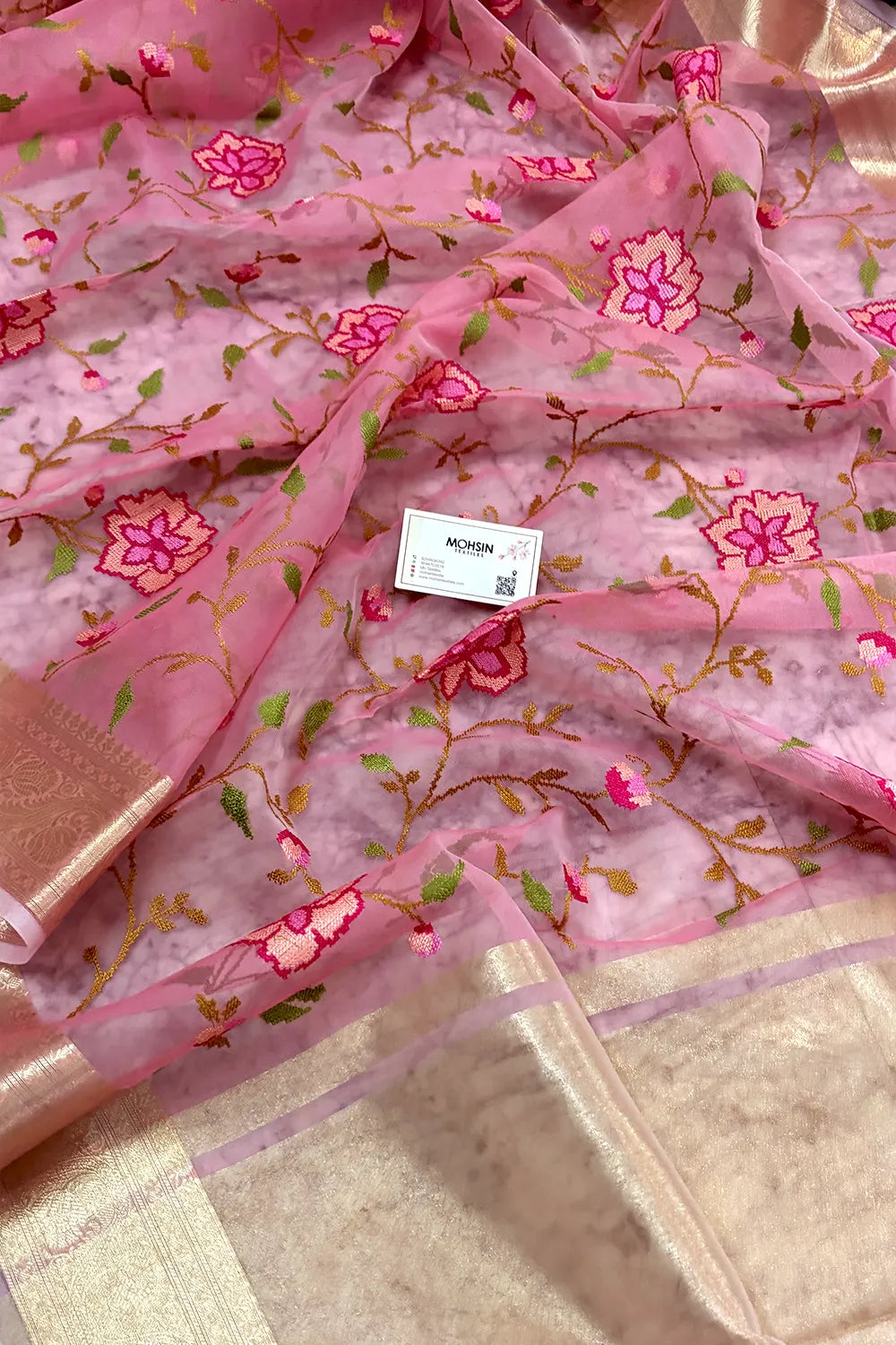 Peach Embroidery Net Banarasi Saree
