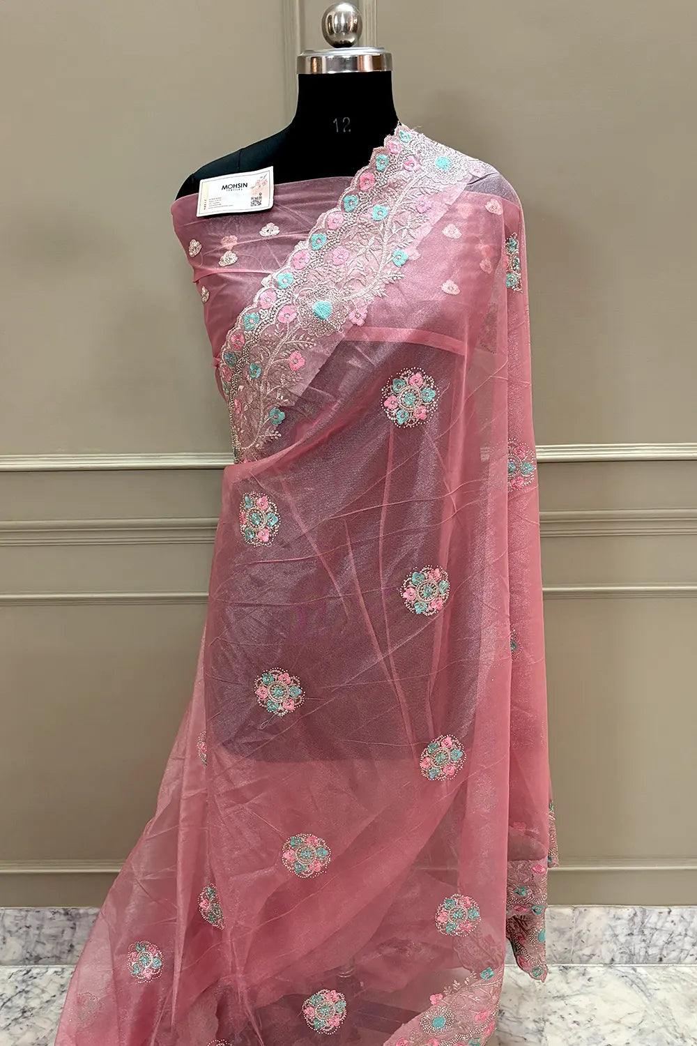Peach Embroidery Swarovski Brasso Net Saree