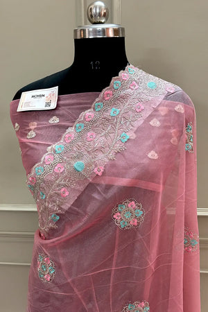 Peach Embroidery Swarovski Brasso Net Saree