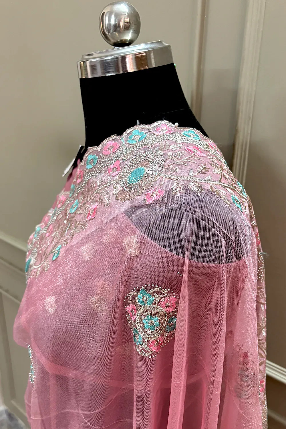 Peach Embroidery Swarovski Brasso Net Saree