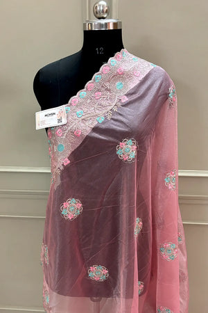 Peach Embroidery Swarovski Brasso Net Saree