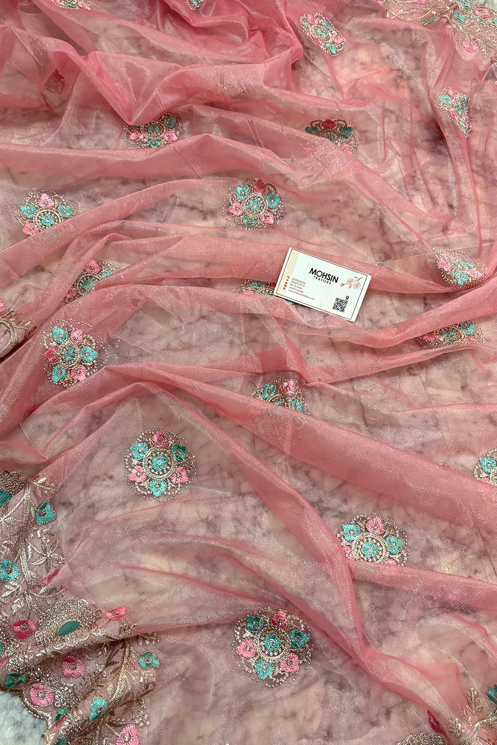 Peach Embroidery Swarovski Brasso Net Saree