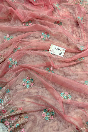 Peach Embroidery Swarovski Brasso Net Saree