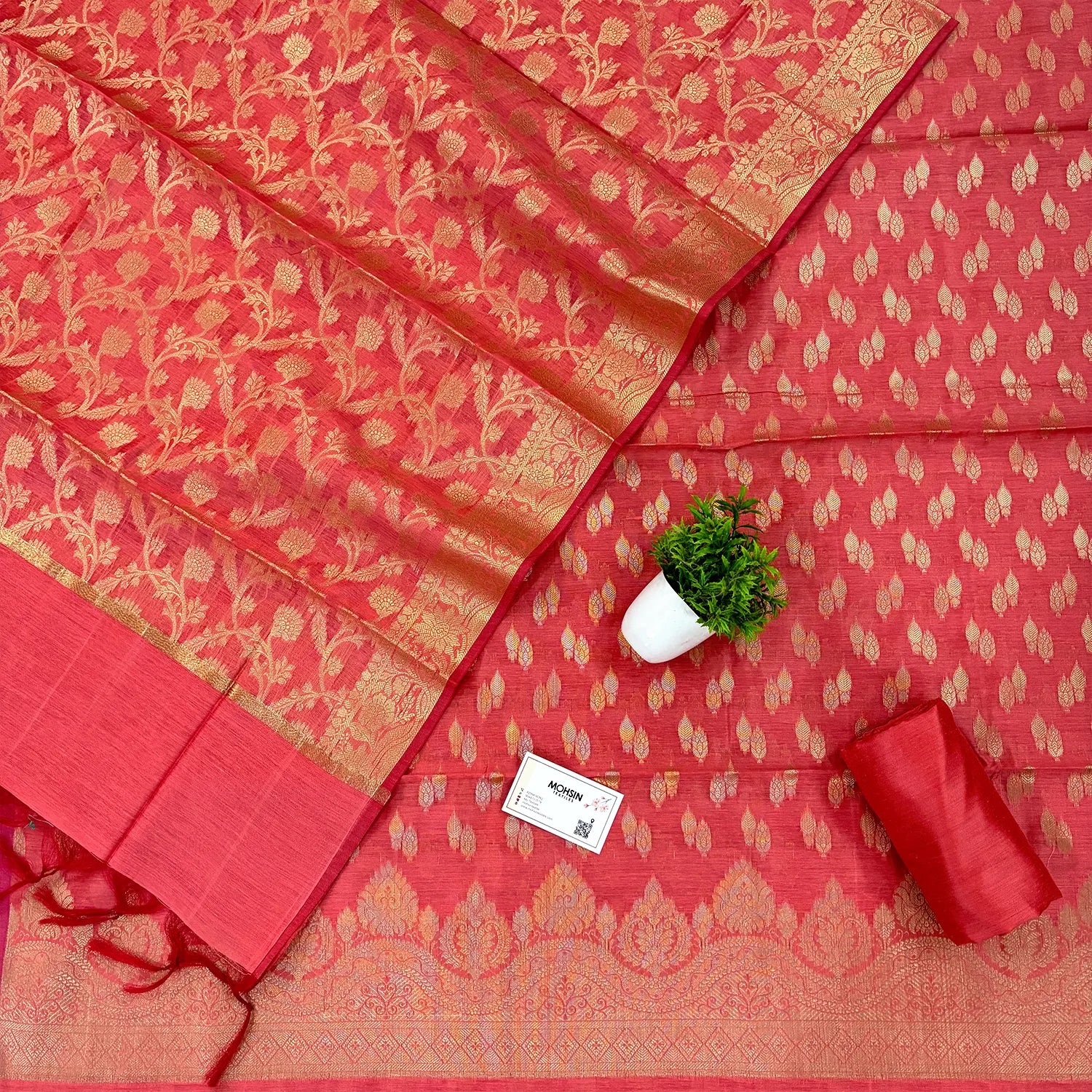 Peach Golden Zari Banarasi Silk Suit