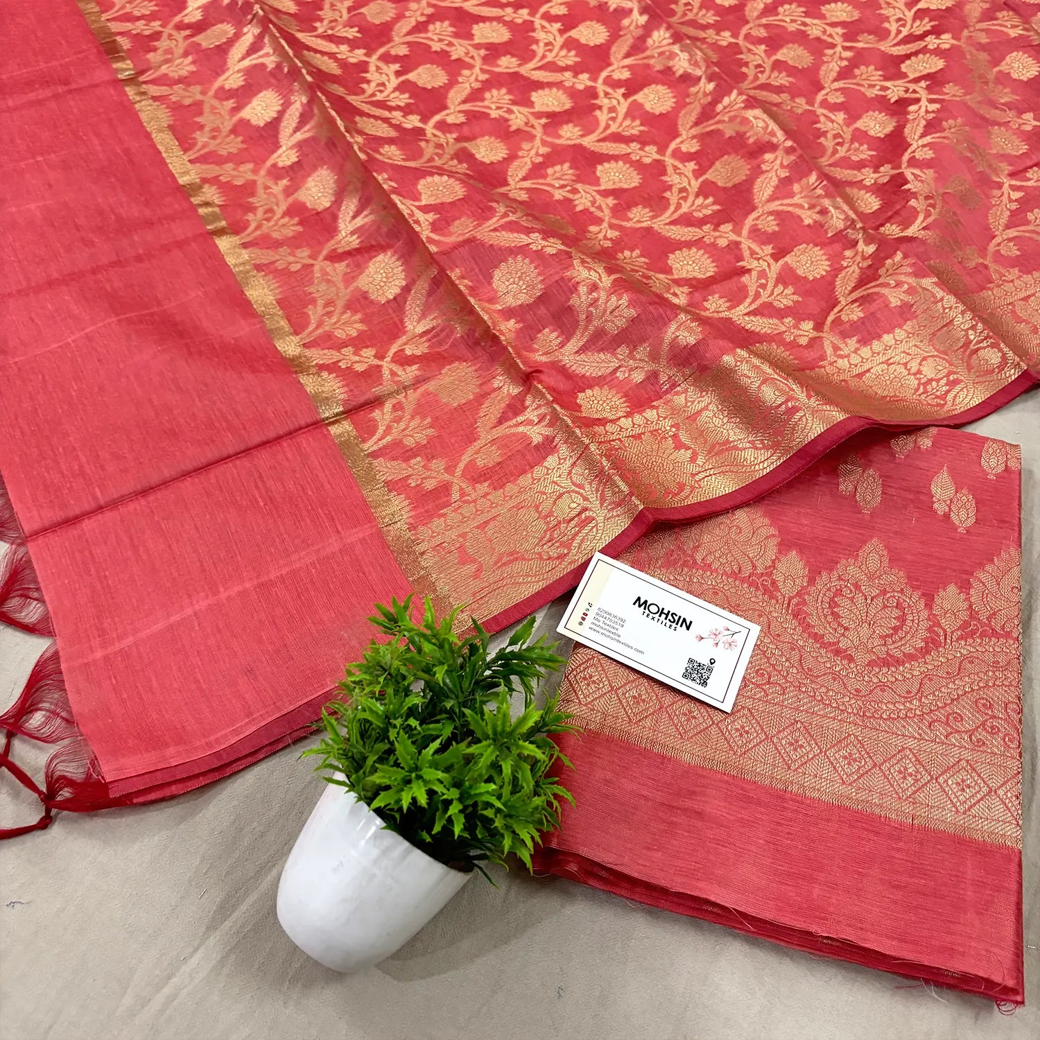 Peach Golden Zari Banarasi Silk Suit