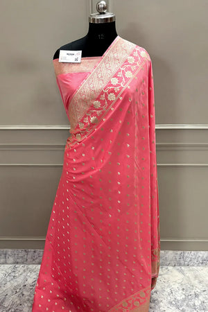Peach Mahinki Buti Katan Silk Banarasi Saree