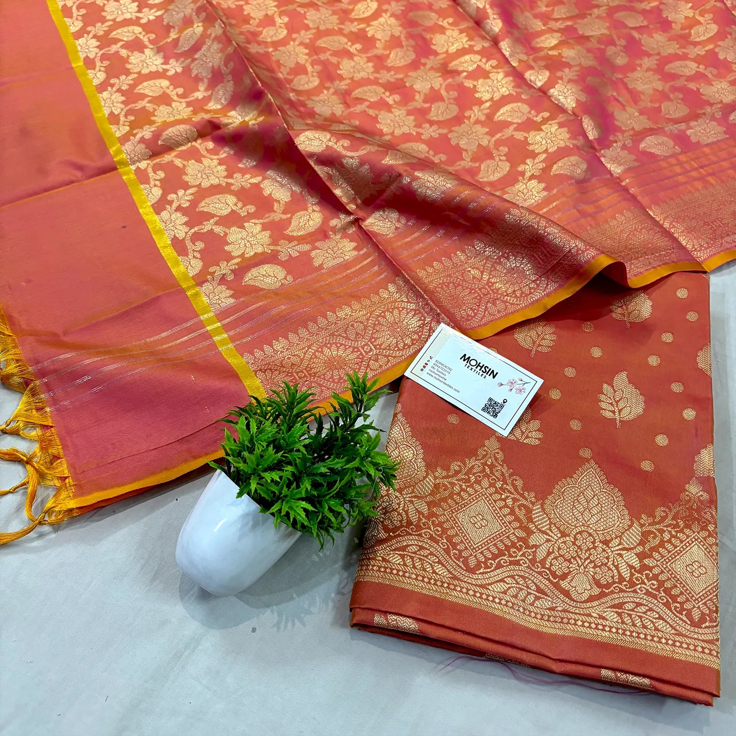 Peach Pankh Buti Satin Silk Banarasi Suit