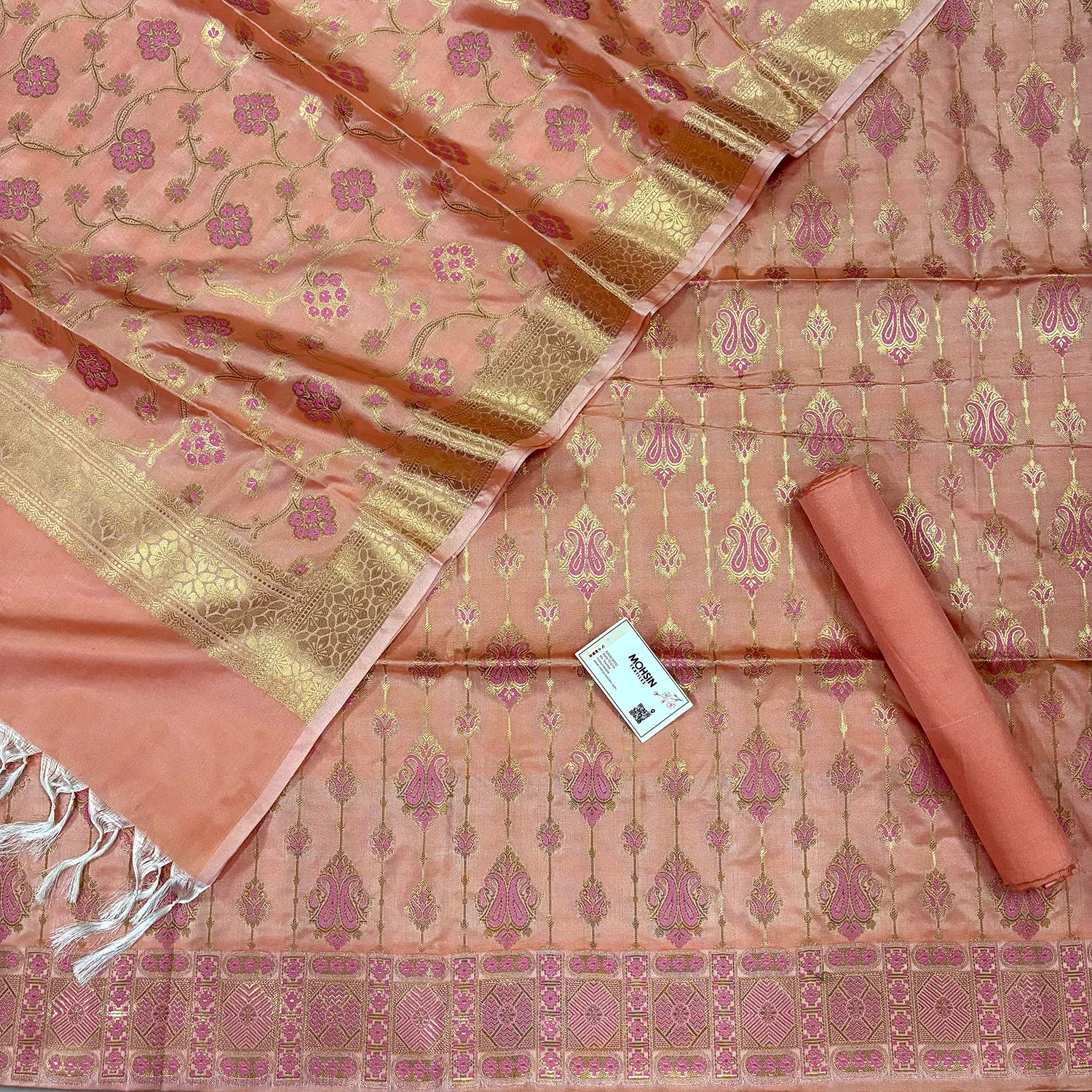 Peach Pink Meena Katan Silk Banarasi Suit