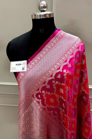 Peach Pink Rangkaat Zari Katan Mashru Silk Banarasi Saree