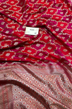Peach Pink Rangkaat Zari Katan Mashru Silk Banarasi Saree