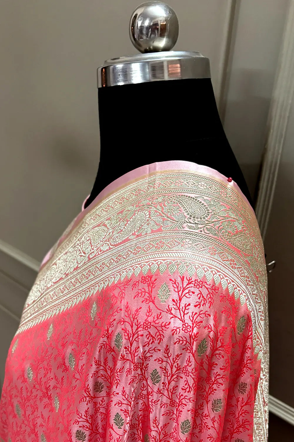 Peach Pink Zari Katan Mashru Silk Banarasi Saree