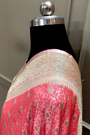 Peach Pink Zari Katan Mashru Silk Banarasi Saree