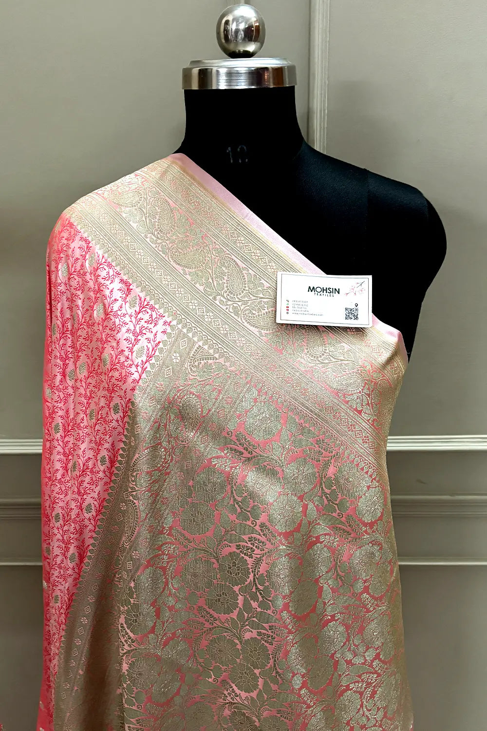 Peach Pink Zari Katan Mashru Silk Banarasi Saree